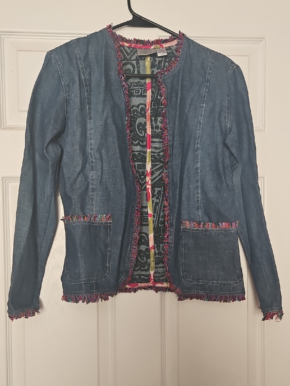 Chico's Blue Denim Open-Front Jacket with Pink Fringe